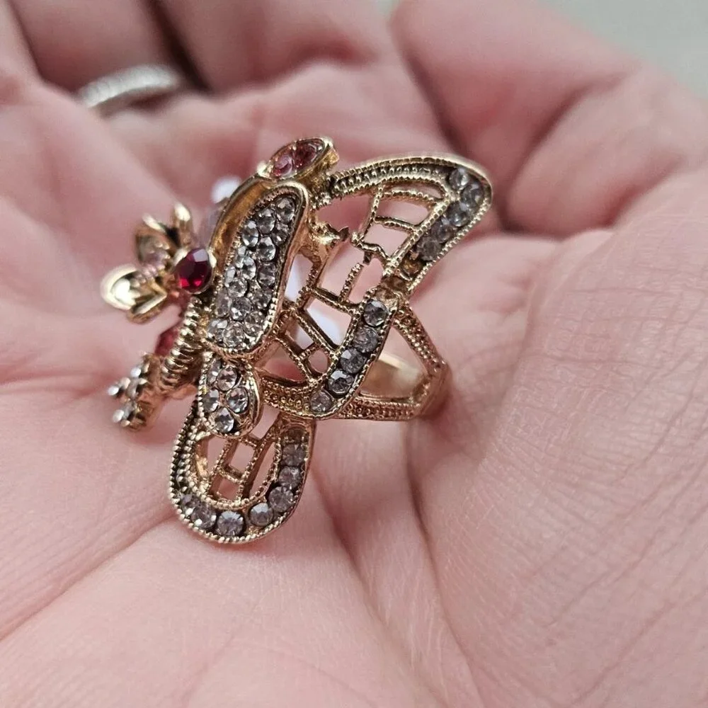 Fashion Ring Butterfly Shape Fancy Jewelry Ring Pink/Red Crystals Sz New Defect - Picture 4 of 12